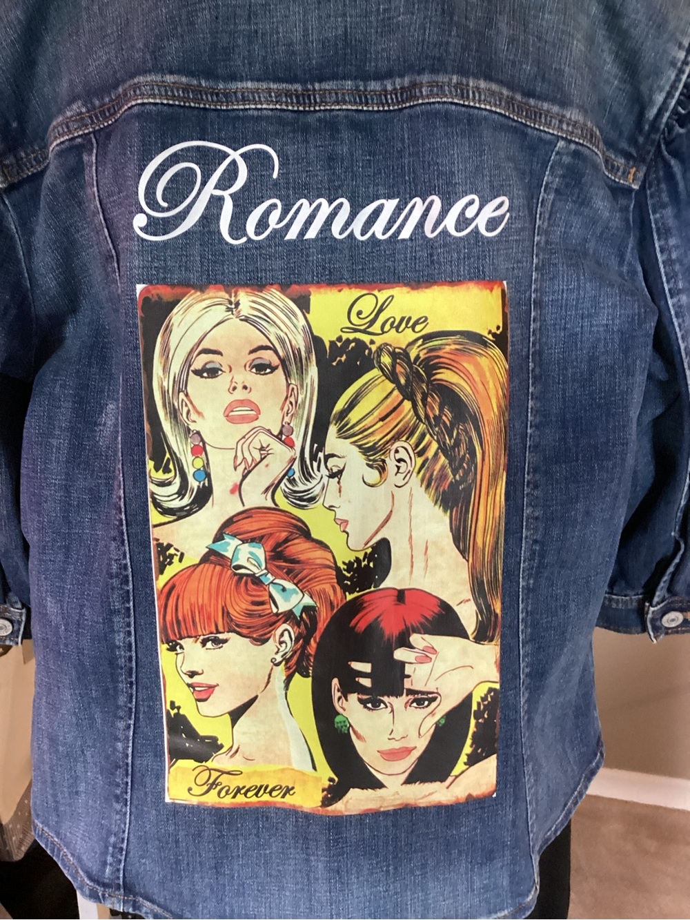 Chico's Blue Denim Jacket with Retro 'Romance' Graphic